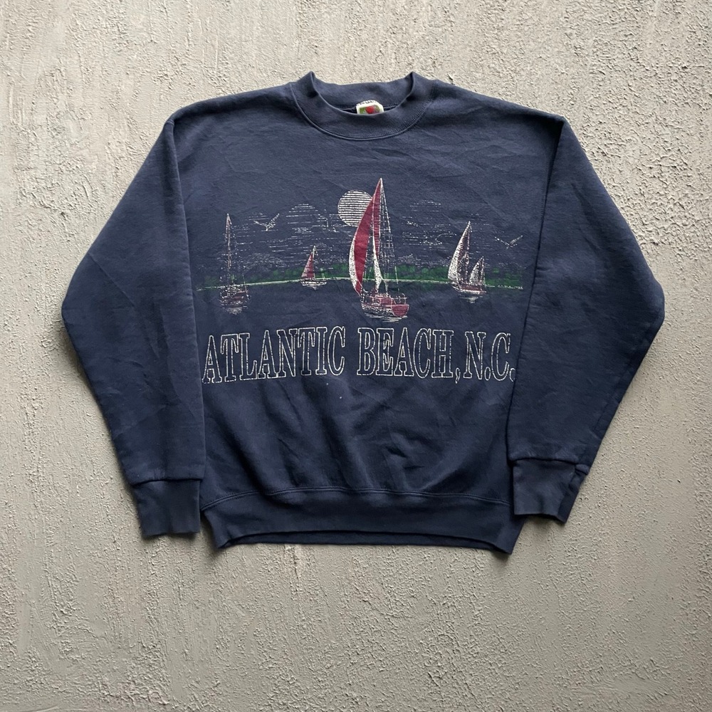 Vintage Atlantic Beach NC Sailboat Sweatshirt Mens Large Navy 90s Fruit Loom
